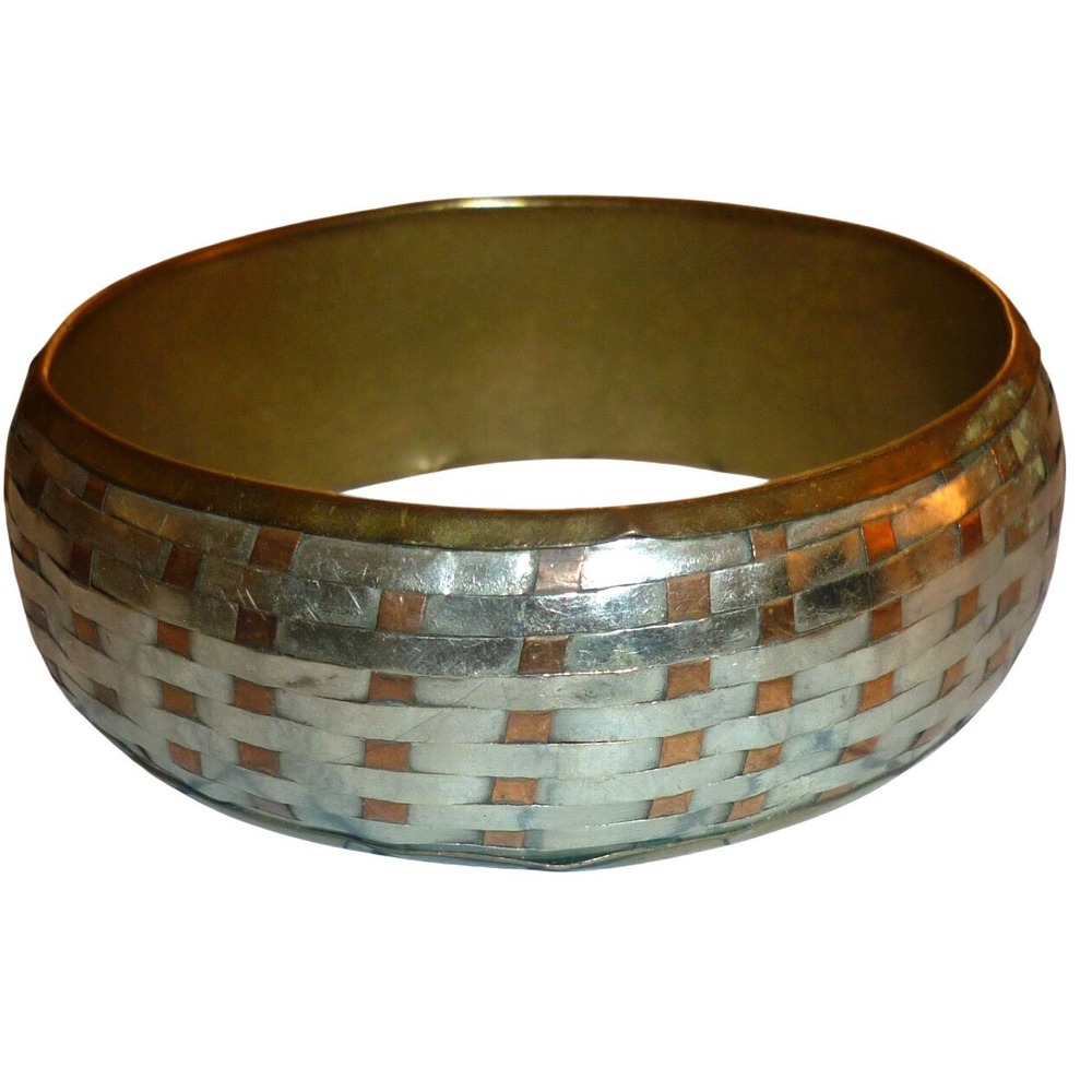 Vintage Mixed Metal Tri-Tone Basket Weave Brass Copper Silver Bangle Bracelet